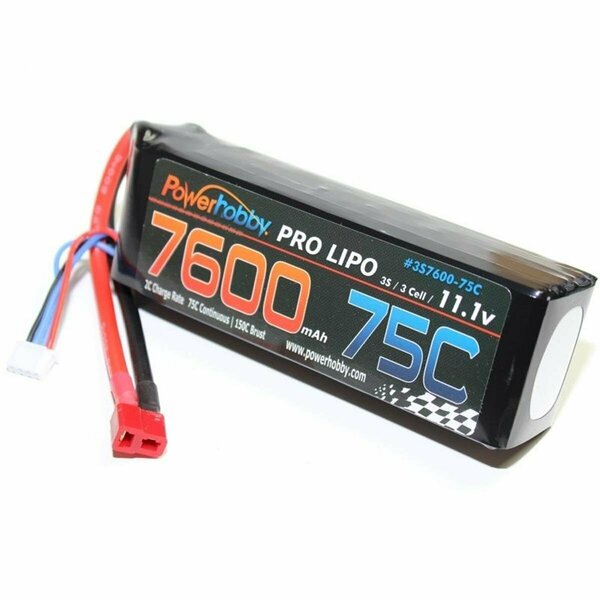 Power Hobby 7600mAh 11.1V 3S 75C LiPo Battery with Hardwired T-Plug PHB3S760075CDNS